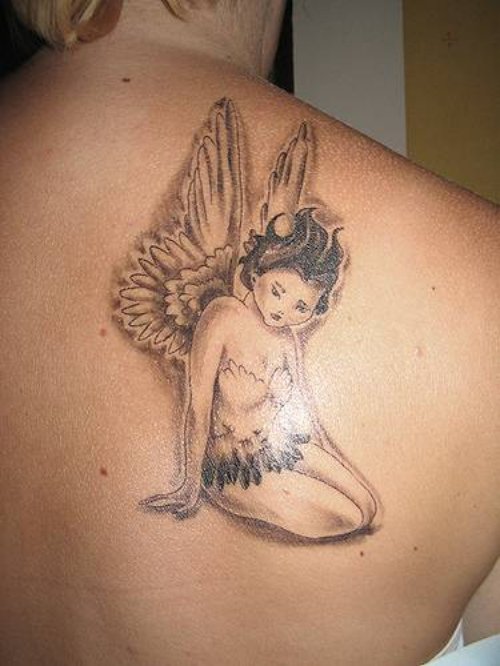 Cute Fairy Tattoo On BAck Shoulder