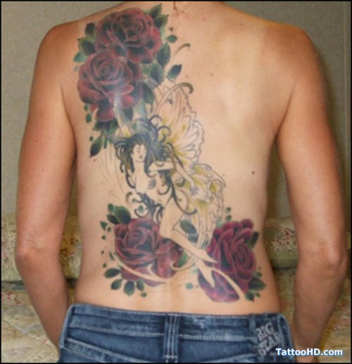 Back Body Rose Flowers And Fairy Tattoo