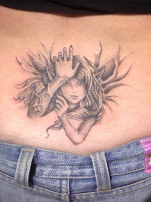 Grey Ink Lowerback Fairy Tattoo