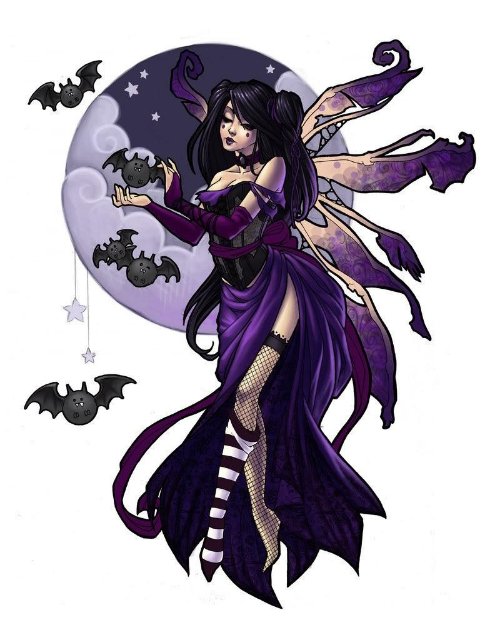 Flying Bats And Purple Fairy Tattoo Design