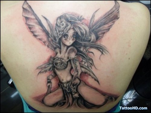 Attractive Upperback Grey Ink Fairy Tattoo