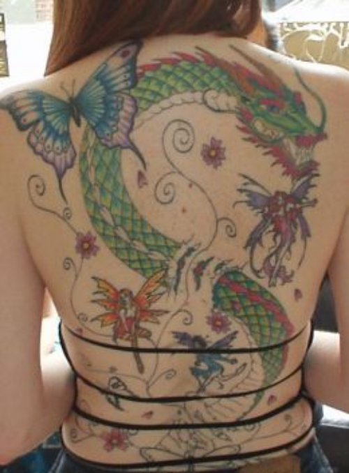 Dragon, Butterfly And Fairy Tattoos On Back Body