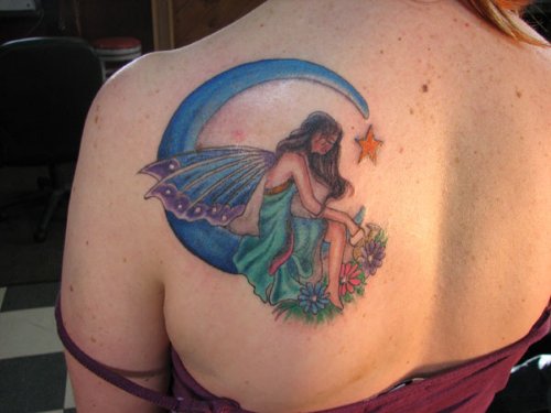 Beautiful Moon And Fairy Tattoo On Back Shoulder
