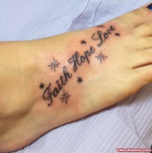 Twinkling Stars And Love Hope Faith Tattoo On Right Foot