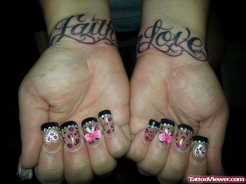 Love And Faith Tattoos On Girl Wrists