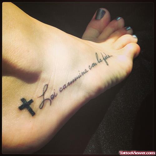 Black Cross And Faith Tattoo On Girl Right Foot
