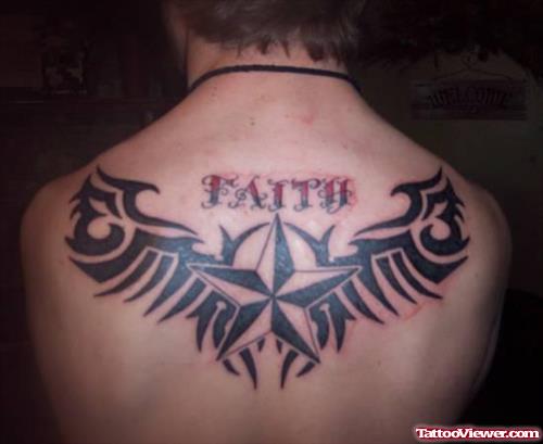 Tribal And Red Ink Faith Tattoo On Back