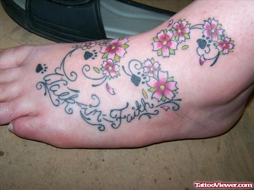 Flowers And Faith Tattoo On Left Foot