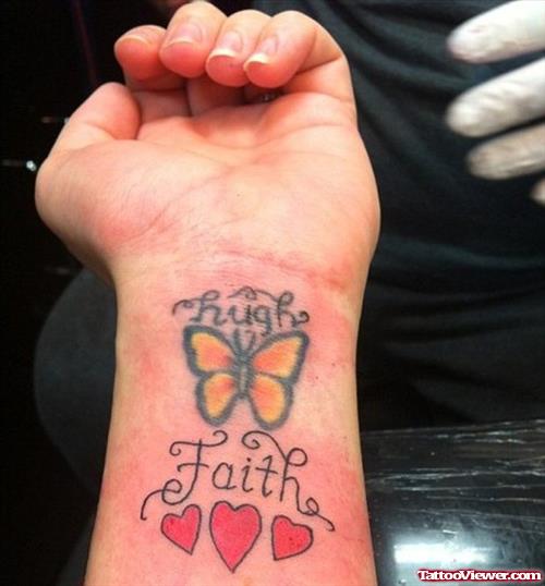 Butterfly With Tiny Heart And Faith Tattoo On Left Arm