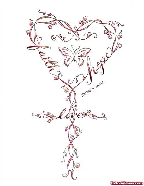 Faith And Hope Viner Flowers Cross Tattoo Design