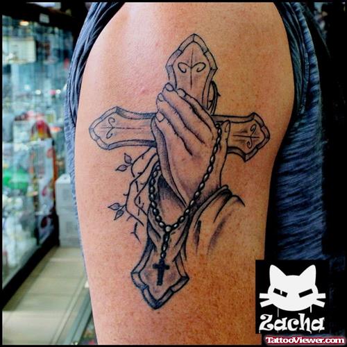 Cross And Praying Hands Faith Tattoo On Half Sleeve