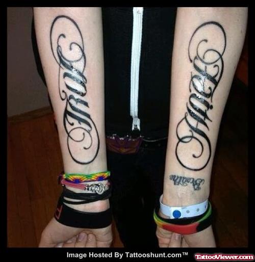 Ambigram Love Faith Tattoos On Forearm