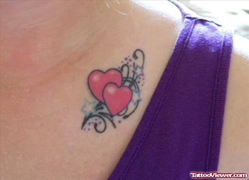 Swirl Red Hearts Faith Tattoo On Collarbone
