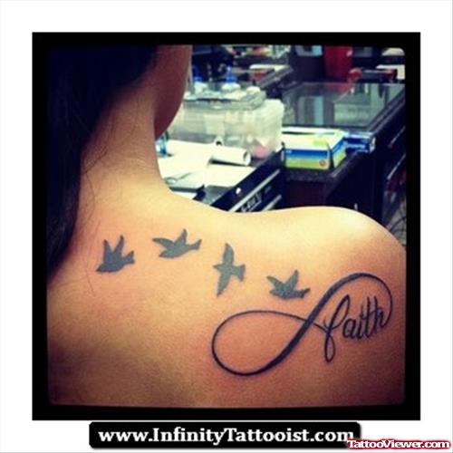 Flying Birds And Infinite Faith Tattoo On Back Shoulder
