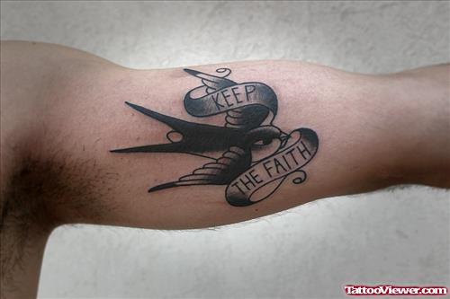 Flying Bird With Banner Faith Tattoo On Bicep