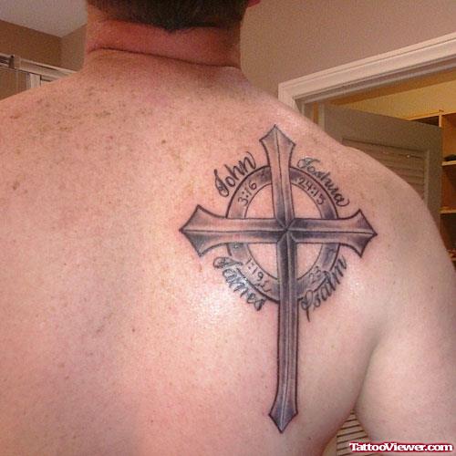 Grey Ink Cross And Faith Tattoo On Back Shoulder