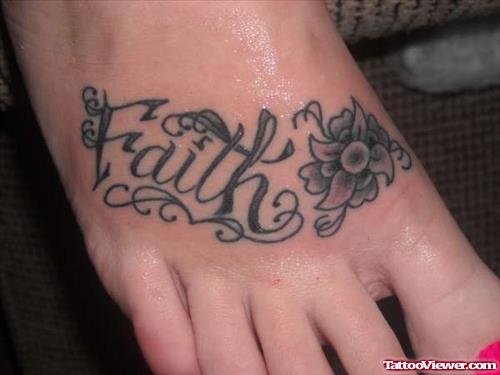 Girl With Flowers And Faith Tattoo On Right Foot
