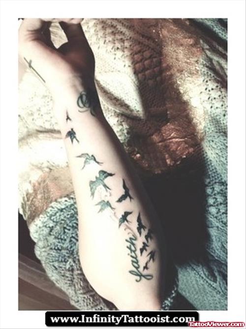 Flying Birds And Faith Tattoo On Forear,
