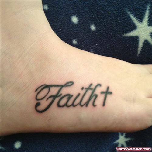 Black Ink cross And Faith Tattoo On Right Foot