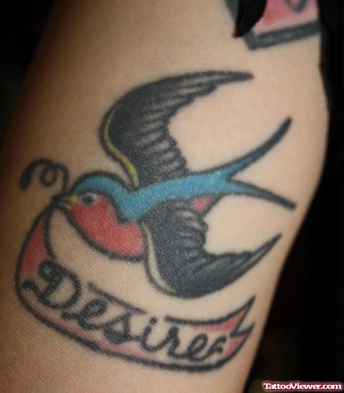Colored Flying Sewallow With Desire Faith Banner Tattoo
