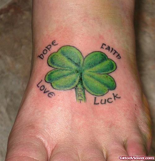 Clover Leaf Hop, Love, Luck And Faith Tattoo On Left Foot