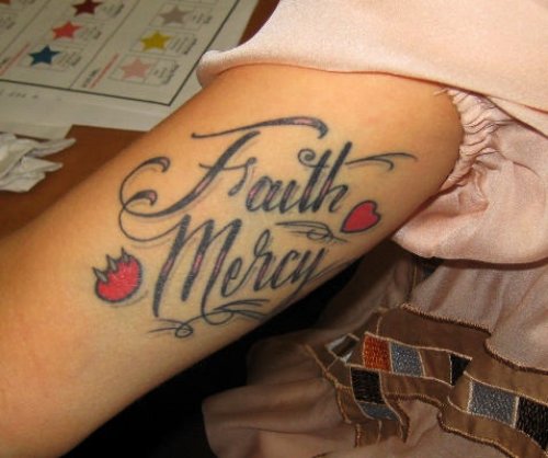 Tiny Red Heart Faith Mercy Tattoo On Sleeve