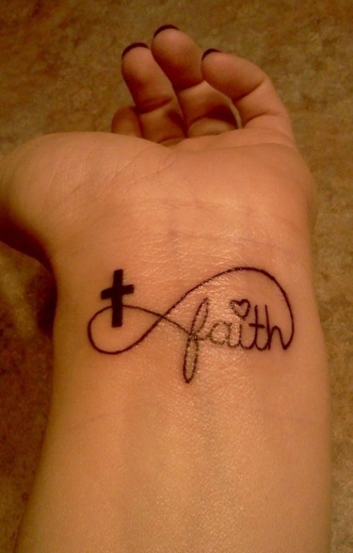 Tiny Cross And Faith Tattoo On Wrist