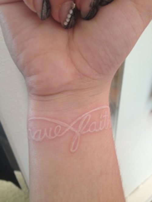 White Ink Have Faith Tattoo On Wrist