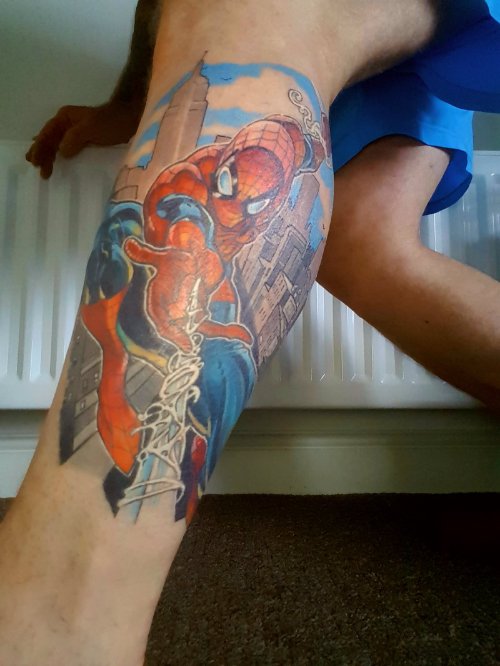 Spider man tattoo on leg by guy tinsley