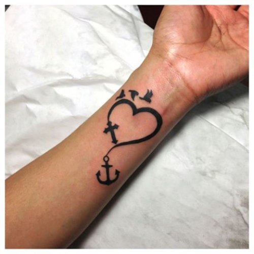 Heart Cross And Anchor Faith Tattoo On Wrist