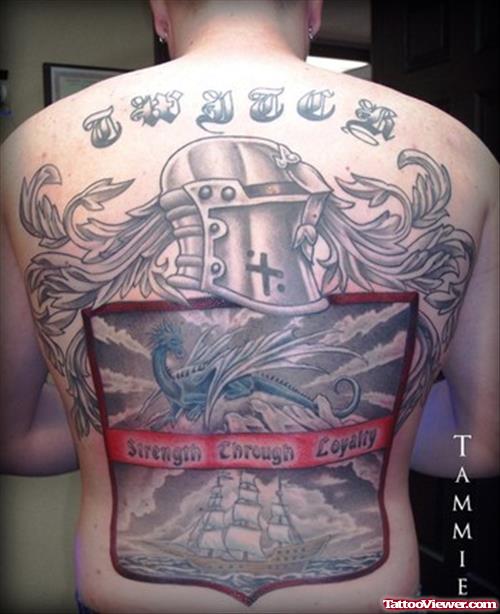 Strength Through Loyalty Family Crest Tattoo On Back