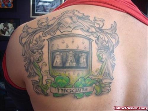 Man Back Shoulder Family Crest Tattoo