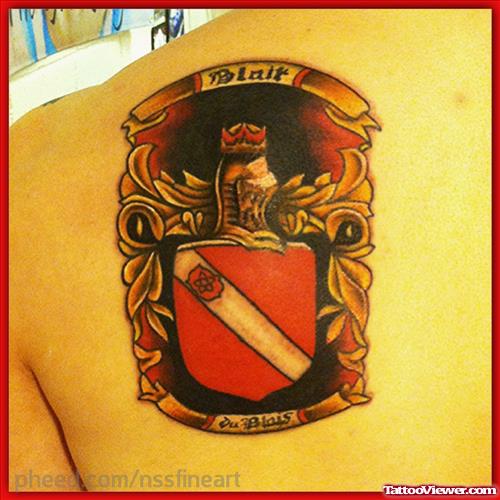 Left Back Shoulder Family Crest Tattoo