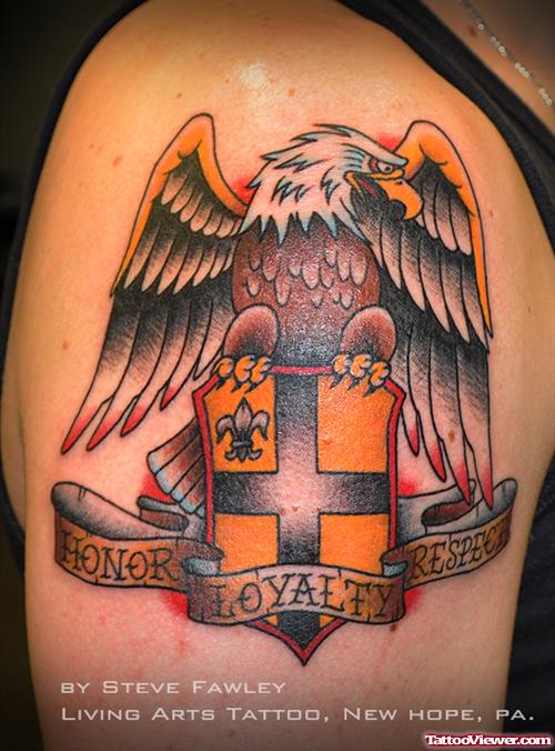Eagle And Family Crest Tattoo on Shoulder