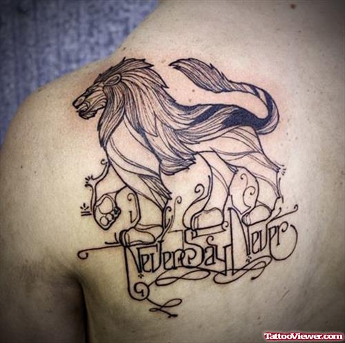 Grey Ink Lion Family Crest Tattoo On Upper Shoulder