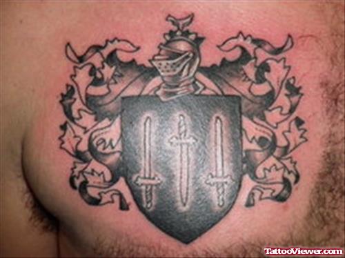 Grey Ink Family Crest Tattoo On Chest