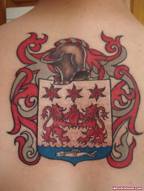 Grey Ink And Red Family Crest Tattoo On Back
