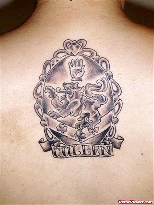 Classic Grey Ink Family Crest Tattoo On Back