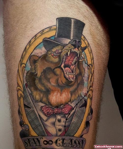 Bear Head With Hat Crest Tattoo On Thigh