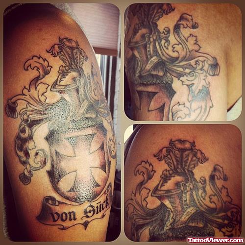 Attractive Grey Ink Family Crest Tattoo