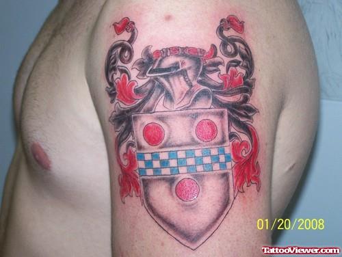 Red And Grey Ink Family Crest Tattoo On Half Sleeve