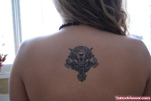 Grey Ink Small Family Crest Tattoo On Back