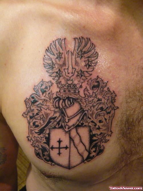 Grey Ink Family Crest Chest Tattoo