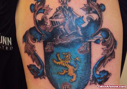 Grey And Blue Ink Family Crest Tattoo