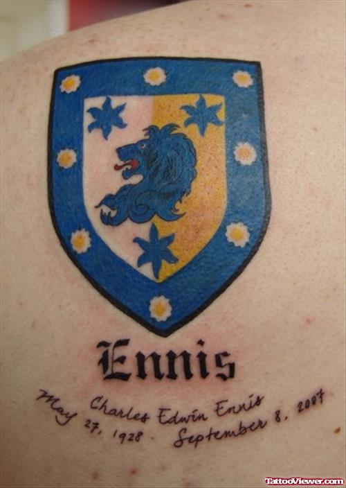 Ennis Blue Ink Family Crest Tattoo On Back