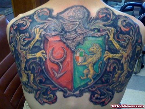 Colored Family Crest Tattoo On Back