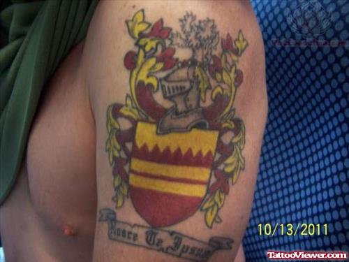 Best Colored Family Crest Tattoo On Left Half Sleeve