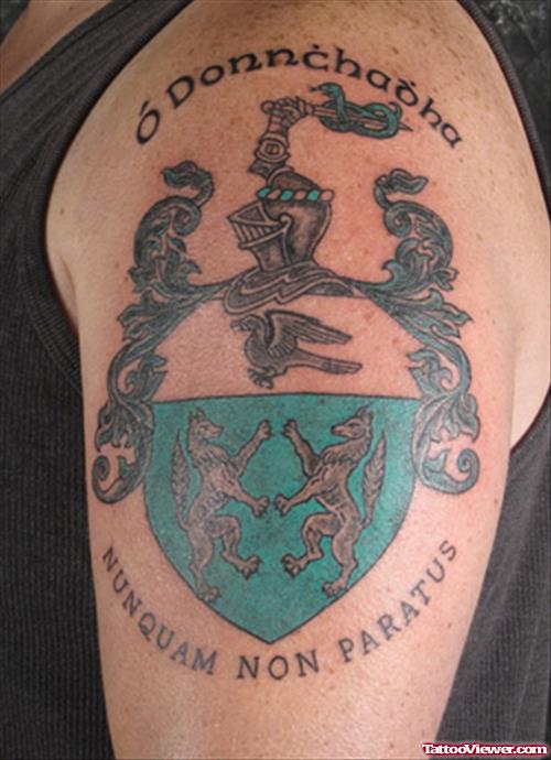 Man Left Shoulder Family Crest Tattoos