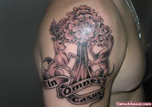 Grey Ink Family Tree Tattoo On Shoulder