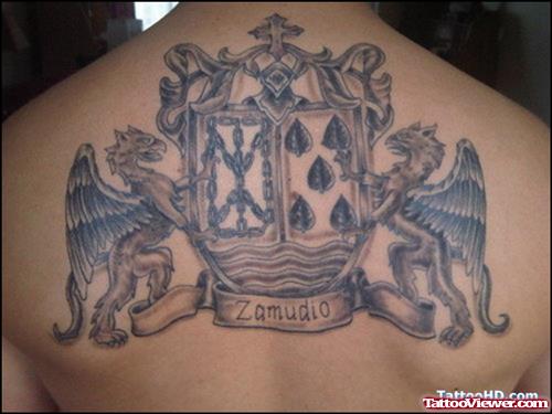 Grey Ink Griffins Family Crest Tattoo On Upperback